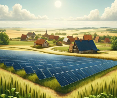 Illustration eines Solarparks im ländlichen Niedersachsen mit Windrädern im Hintergrund.